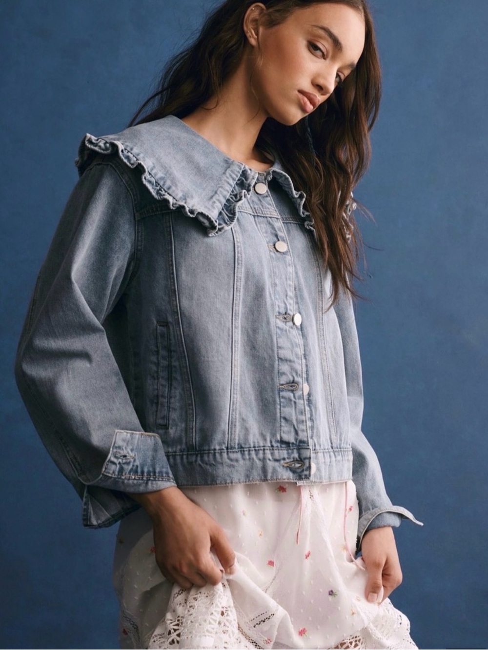 Mable Anthropologie denim Peter Pan collar jacket size L